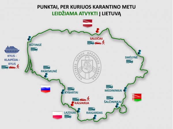 Žemėlapis pasienio postų per kuriuos galima atvykti į Lietuvą