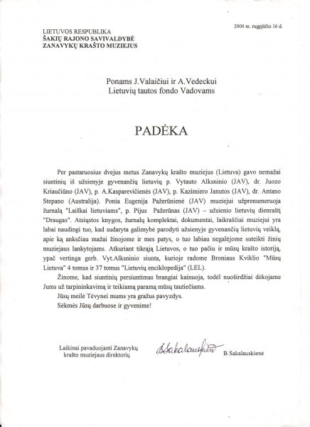 Zanavykų krašto muziejaus padėka Lietuvių tautos fondui, 2000 m. | Zanavykų muziejaus archyvas