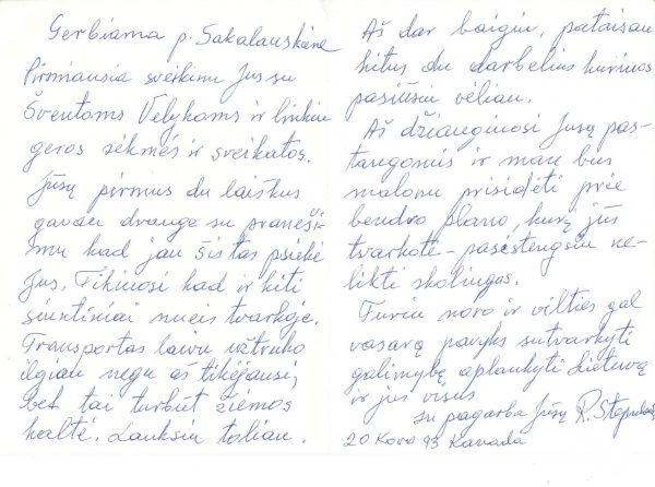 Atvirutė – laiškas šv. Velykų proga nuo R. Stepulaičio, 1993 m. kovo 20 d., Kanada. | Zanavykų muziejaus archyvas.