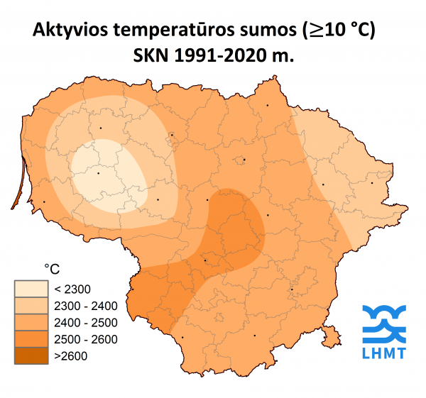 Vidutinės aktyvios oro temperatūros sumos (≥10 °C) 1991–2020 m. laikotarpiu