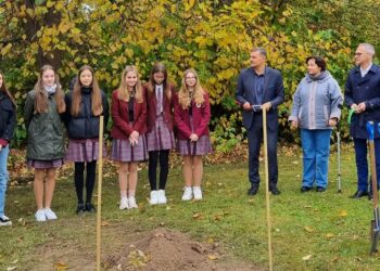 Jaunimo metų proga prie Šakių Žiburio gimnazijos pasodintas ąžuoliukas