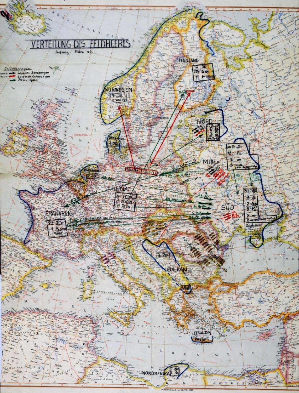 Vokietijos operacinis žemėlapis, rodantis divizijų išsidėstymą