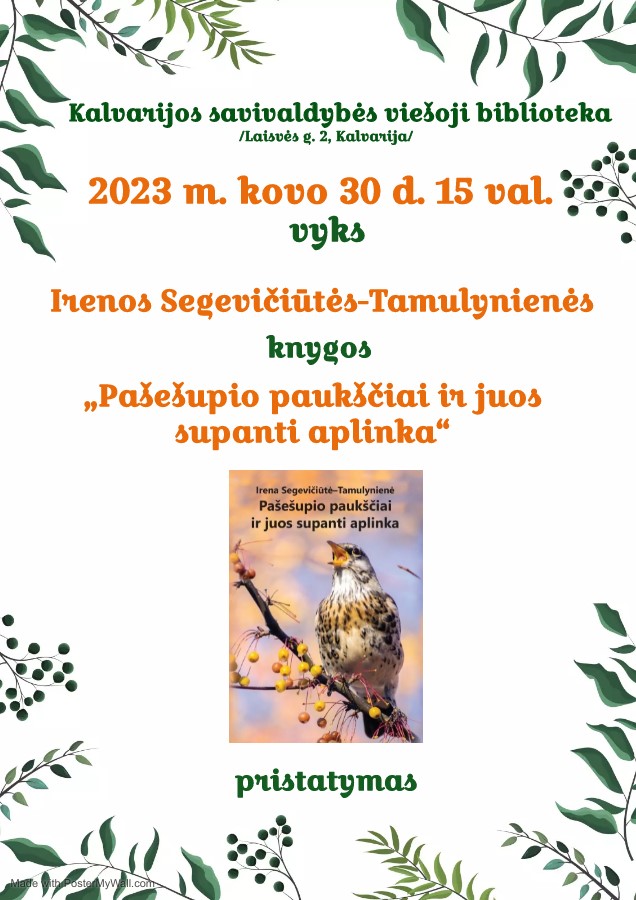 Irenos Segevičiūtės-Tamulynienės knygos „Pašešupio paukščiai ir juos supanti aplinka“ pristatymas