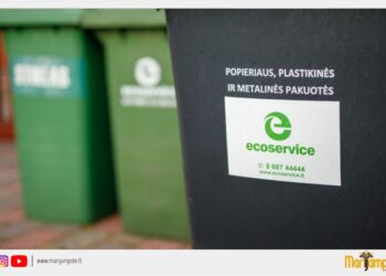 Bus ženklinami pakuočių ir stiklo atliekų konteineriai