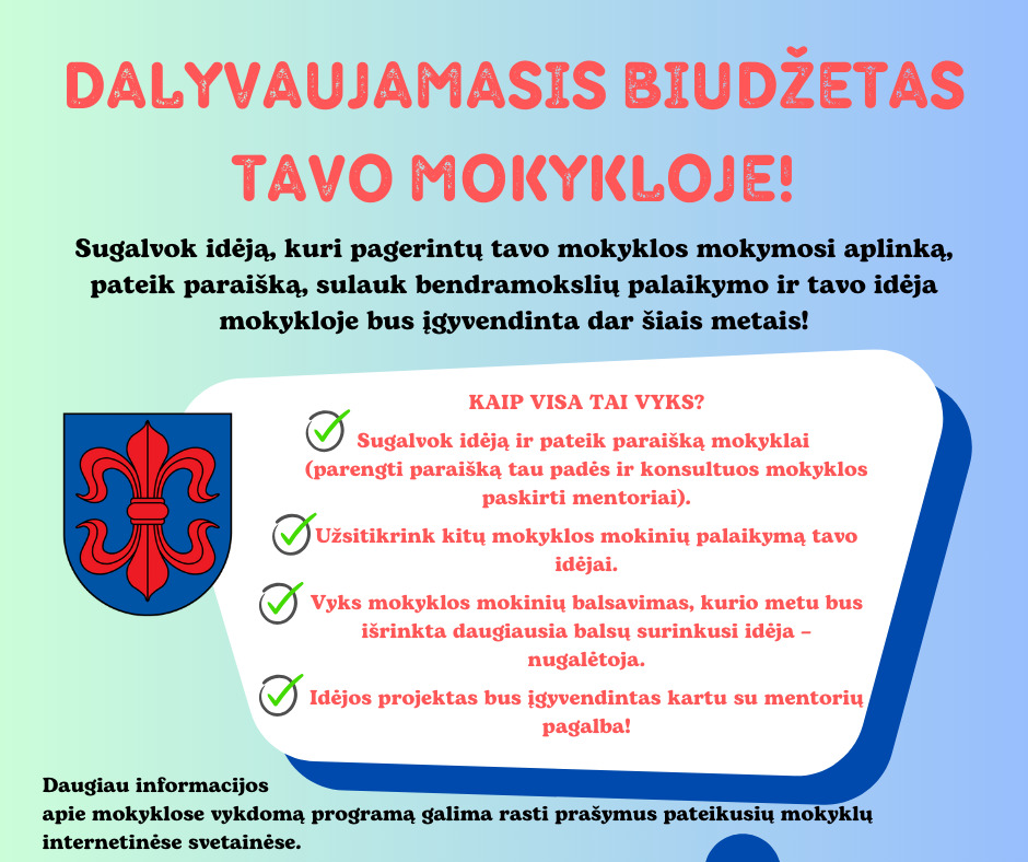 Vilkaviškio rajono savivaldybėje pristatoma mokinių dalyvaujamojo biudžeto iniciatyva