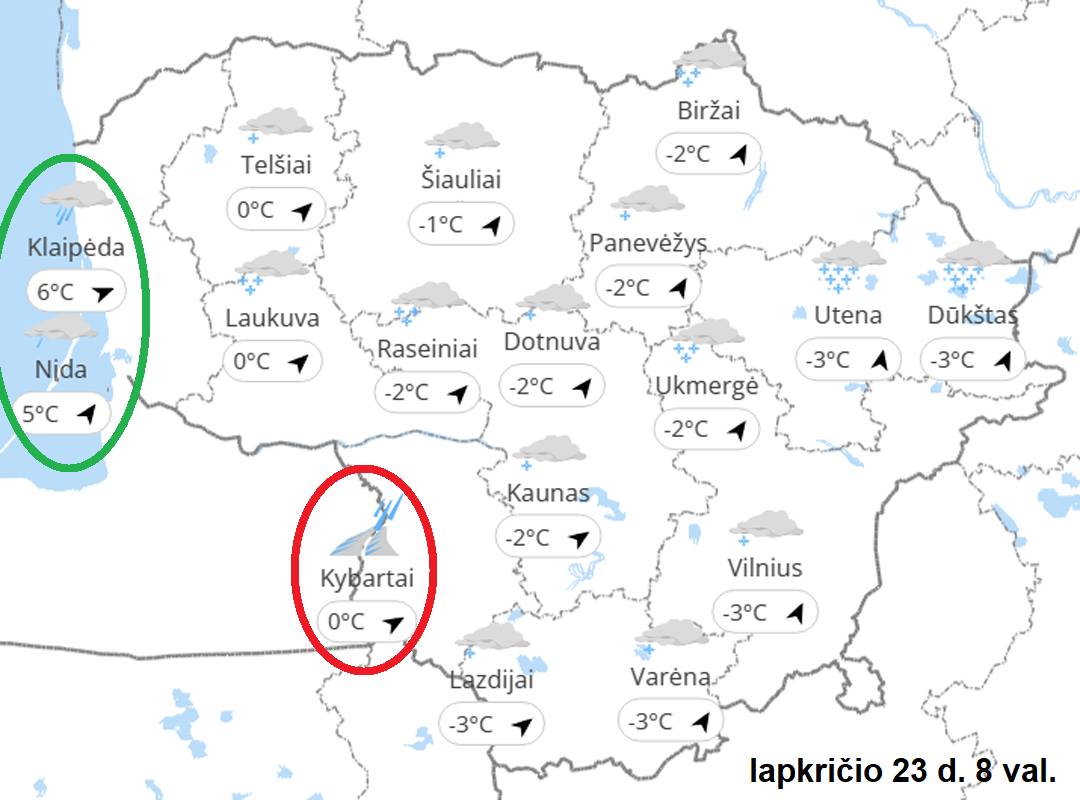 Oro temperatūra šiandien ryte Lietuvoje