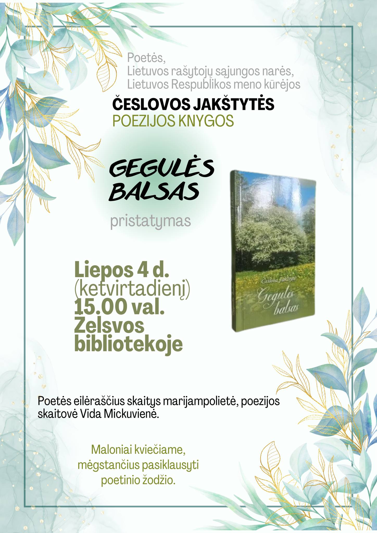 Poetės Česlovos Jakštytės knygos „Gegulės balsas“ pristatymas