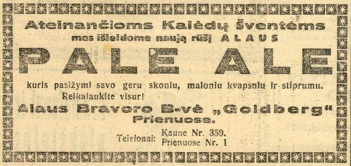 Prienų alaus minėto pasakojime reklaminė žinutė laikraštyje 1928 m.