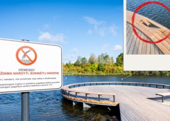 Plūduriuojanti sala Marių parke nėra skirta šokinėjimui į vandenį