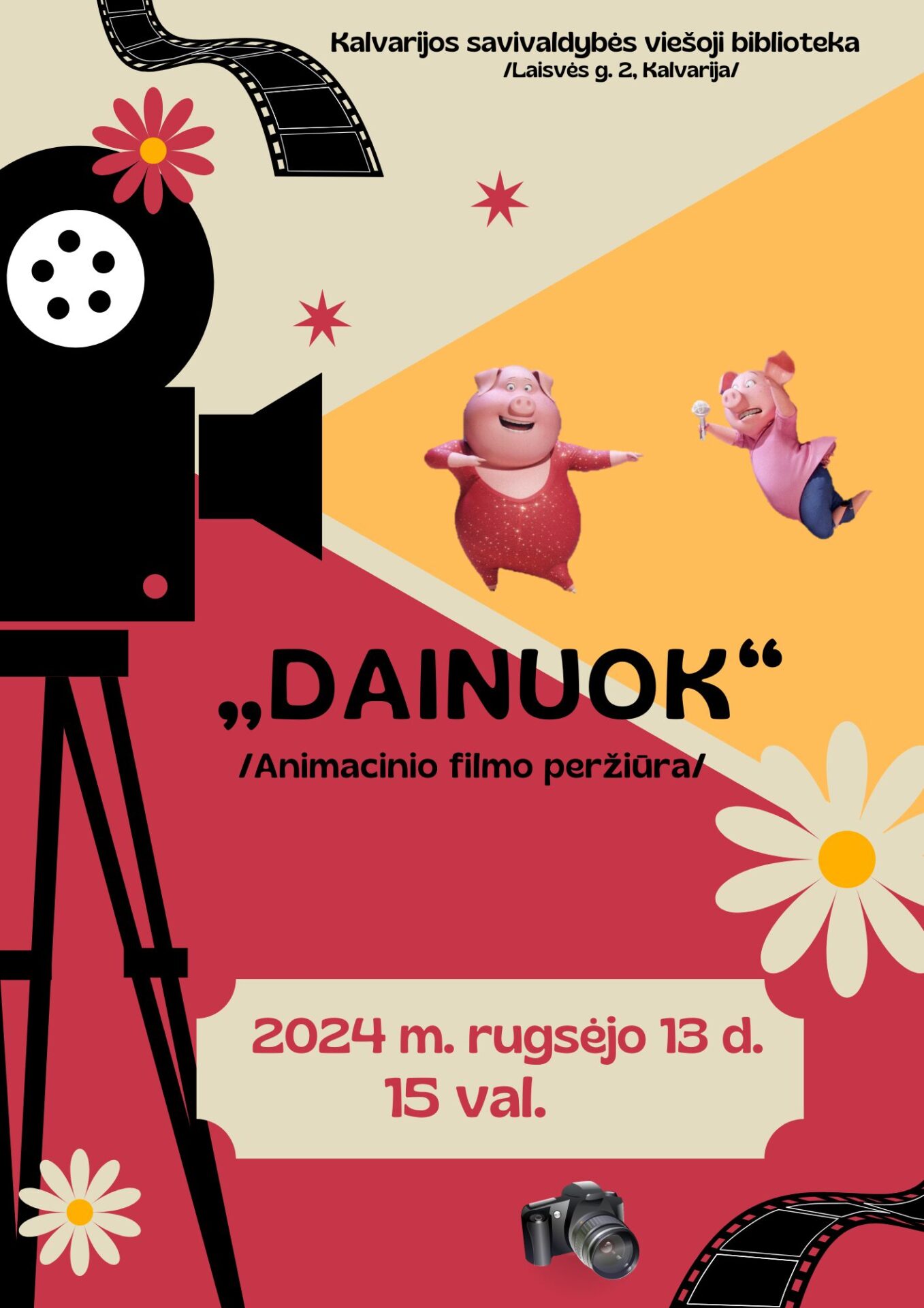 RUGSĖJO 13 D. KALVARIJOS SAVIVALDYBĖS VIEŠOJOJE BIBLIOTEKOJE VYKS ANIMACINIO FILMO „DAINUOK“ PERŽIŪRA