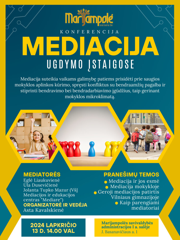 Marijampolėje švietimo įstaigų atstovai kviečiami į konferenciją „Mediacija ugdymo įstaigose“