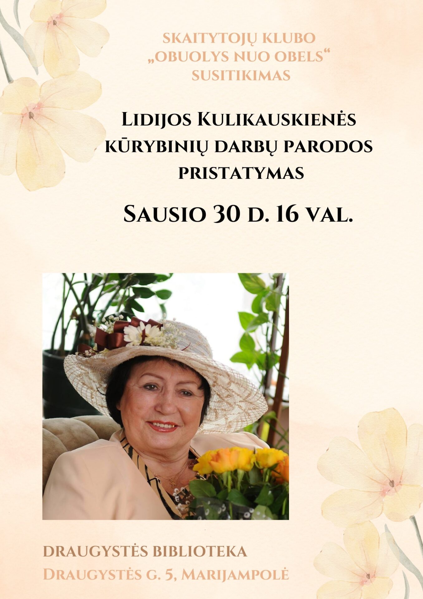 Skaitytojų klubo „Obuolys nuo obels“ susitikimas. Kraštietės Lidijos Kulikauskienės kūrybinių darbų parodos pristatymas