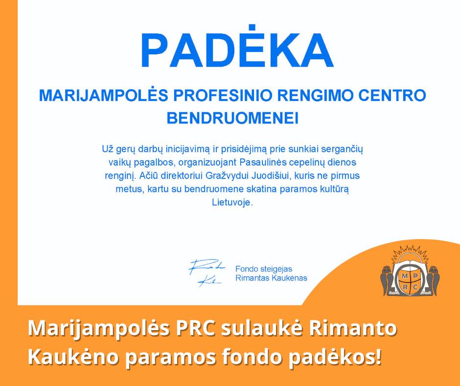 Padėka Marijampolės profesinio rengimo centrui