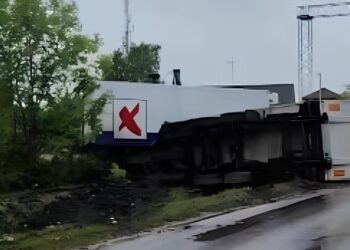 Marijampolėje dėl briedžio apvirto „Maximos“ sunkvežimis