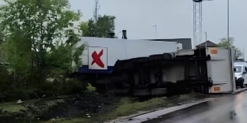 Marijampolėje dėl briedžio apvirto „Maximos“ sunkvežimis