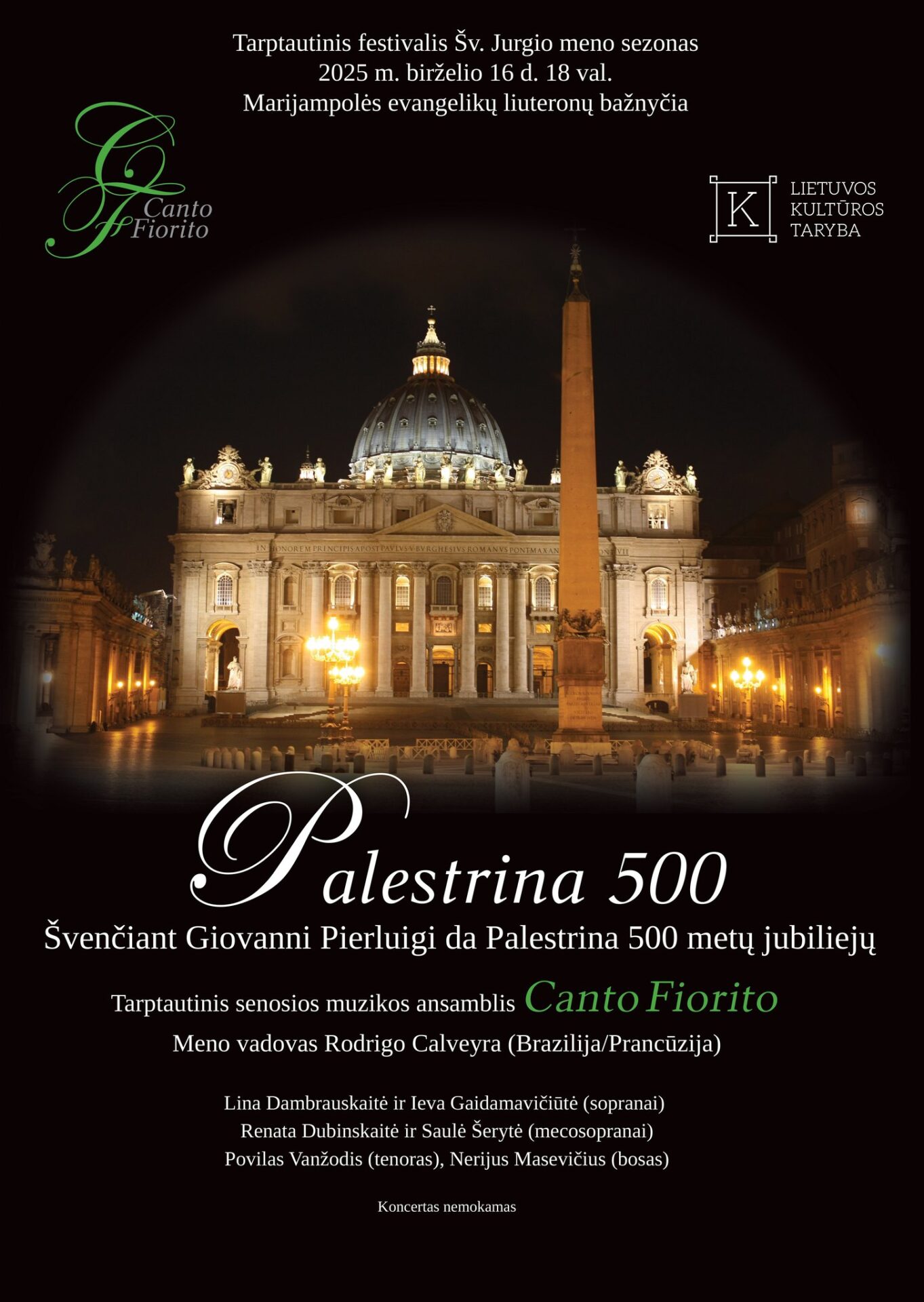 Ansamblio „Canto Fiorito“ koncertinė programa, skirta Palestrinos 500 metų jubiliejui