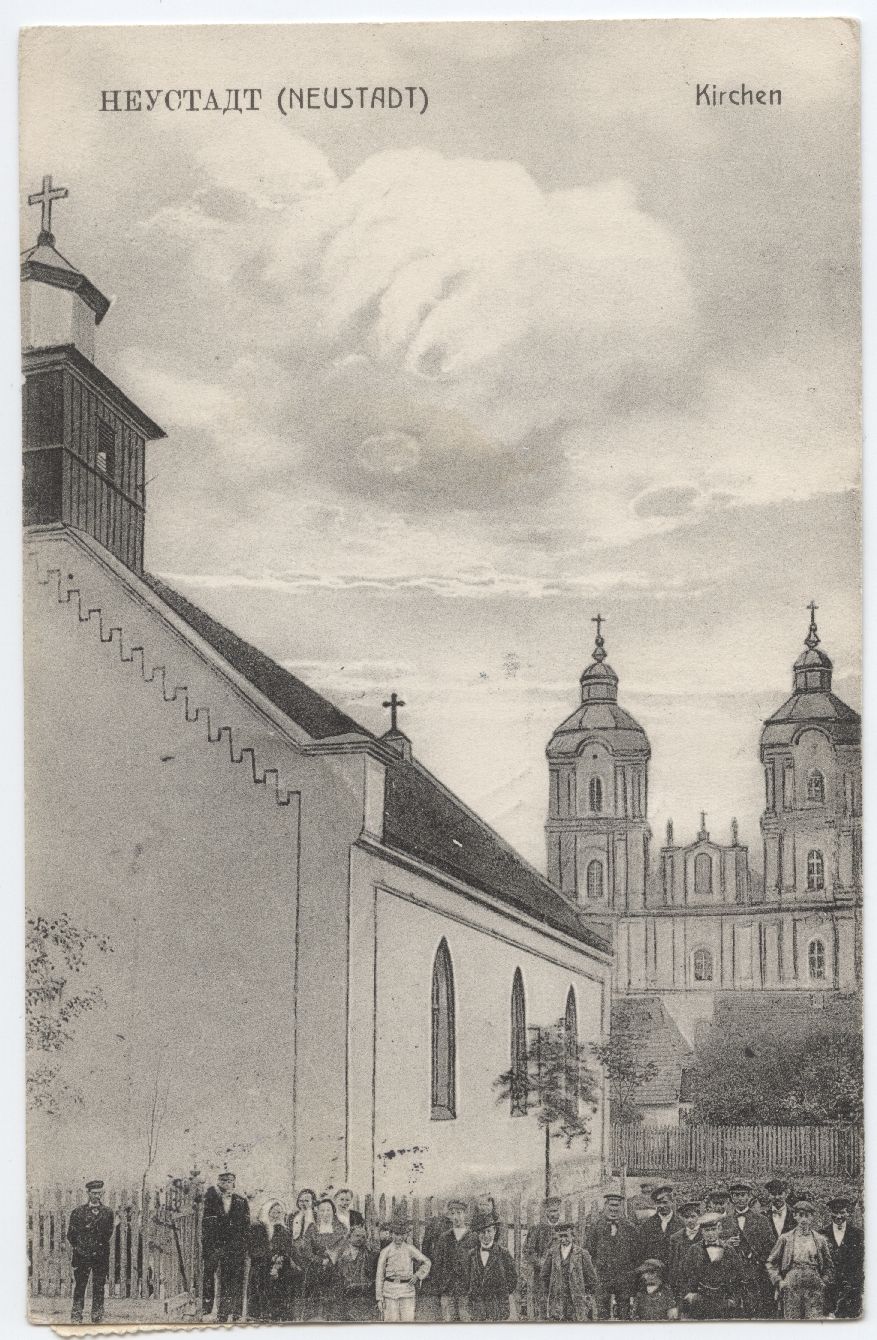 Evangelikų liuteronų ir katalikų bažnyčios. Apie 1912 m. Atvirukas. Leidėjas nežinomas