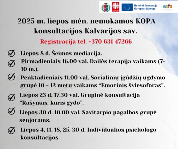 Nemokamos KOPA konsultacijos - 2025 m. liepa Kalvarijoje