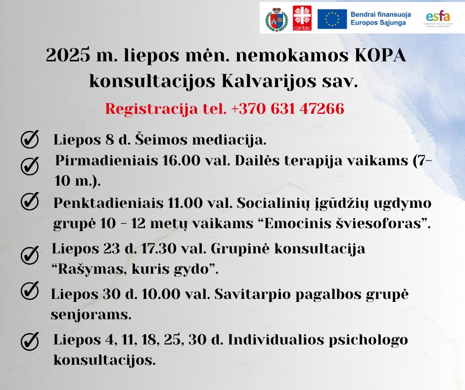 Nemokamos KOPA konsultacijos - 2025 m. liepa Kalvarijoje