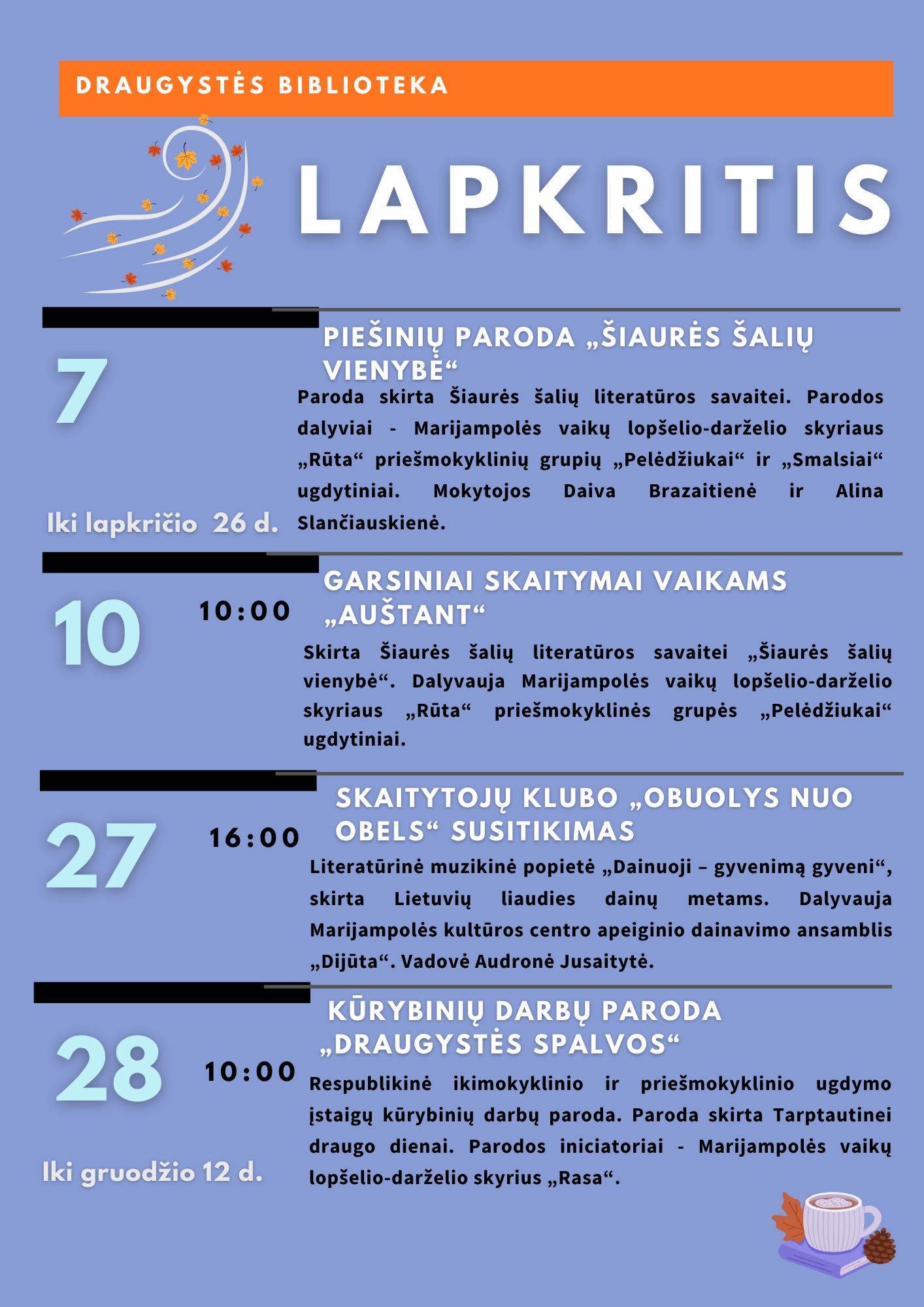 Draugystės biblioteka. Renginiai lapkritis 2025