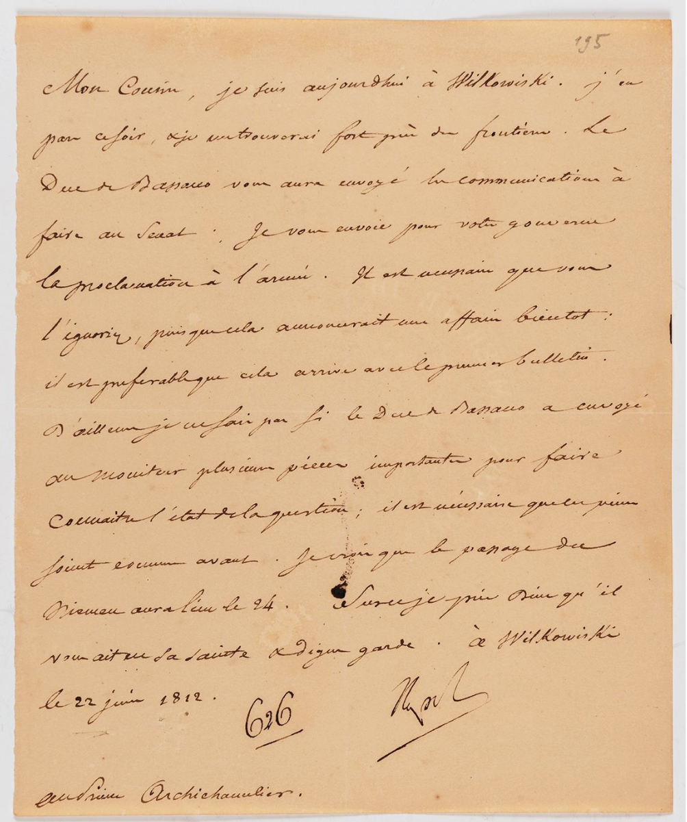 Napoleono laiško išsiųsto iš Vilkaviškio 1812 birželio 22 d. originalas