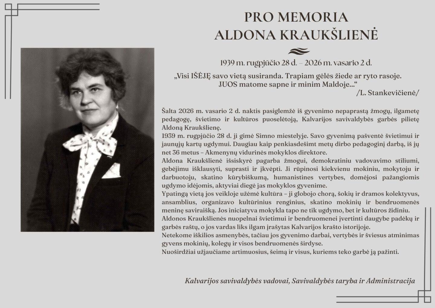 Netektis: mirė Kalvarijos savivaldybės garbės pilietė Aldona Kraukšlienė