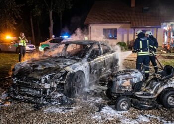 Žemojoje Panemunėje – naktinis gaisras: degė „Tesla“ ir traktoriukas-žoliapjovė