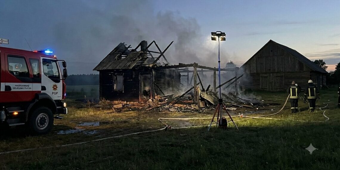 Nelaimė Mockų kaime: atvira liepsna degęs namas sudegė visiškai, dūmų detektoriaus viduje nebuvo