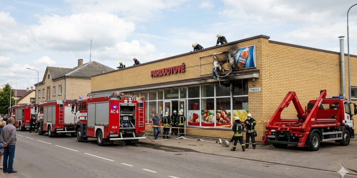 Ugniagesių sujudimas Vytauto gatvėje: pranešta apie uždūmintą parduotuvę Marijampolėje