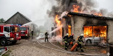 Atvira liepsna pleškėjo garažas: viduje sudegė „BMW“, o ugniagesiams teko skubiai nešti dujų balioną