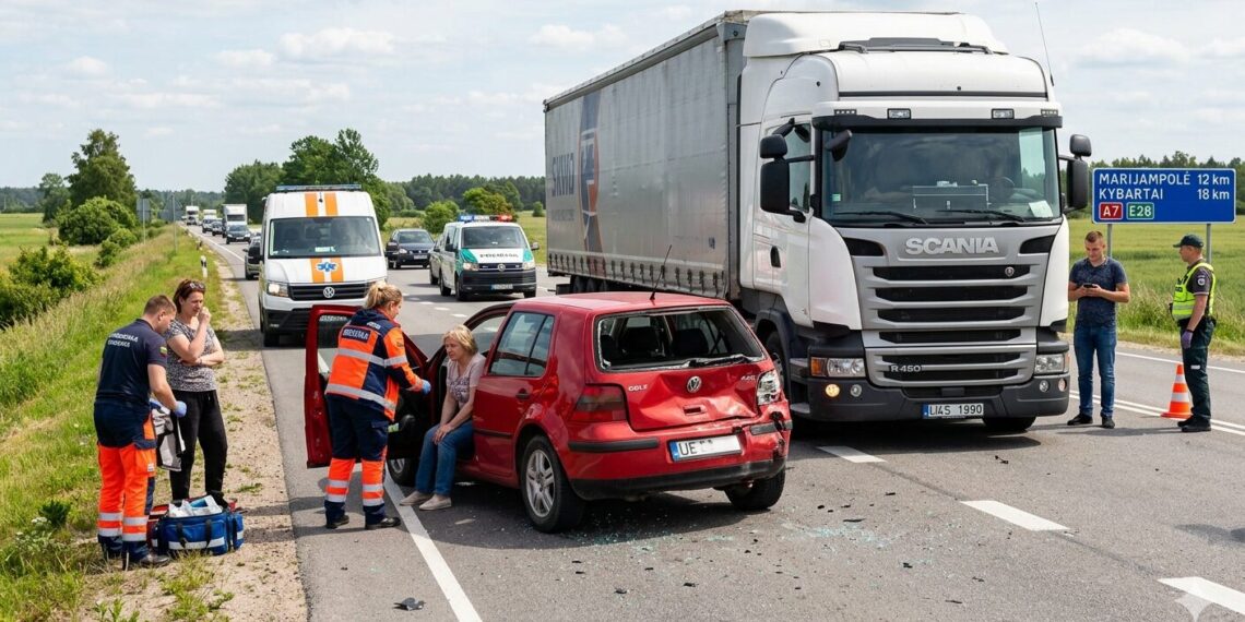 Nelaimė kelyje Kaliningradas–Marijampolė: po sunkvežimio smūgio į „VW Golf“ galą – sužeista moteris