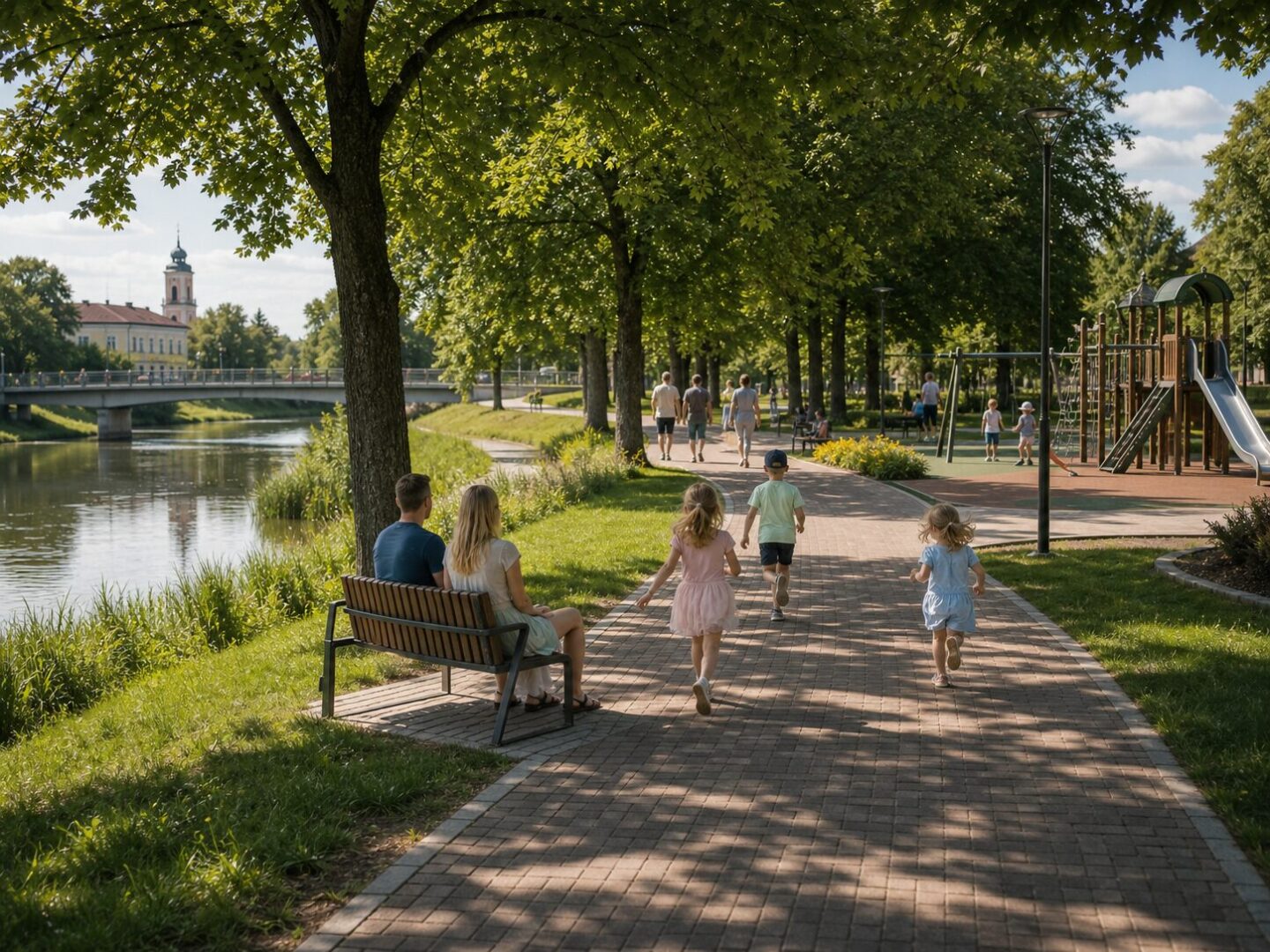 Vaikai žaidžia ir bėgioja Pašešupio parke prie Šešupės upės Marijampolėje