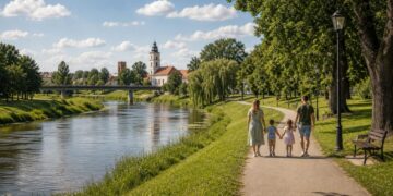 Šeima su vaikais vaikšto žaliame parke prie Šešupės upės Marijampolėje saulėtą savaitgalio dieną