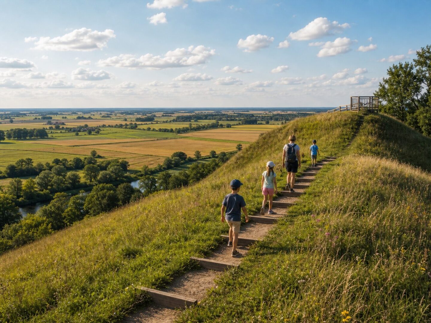 Vaikai kopia į piliakalnį, nuo kurio matyti Suvalkijos lygumų ir laukų panorama