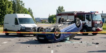 Marijampolėje po susidūrimo automobilis liko gulėti ant stogo, vairuotojus gelbėjo praeiviai