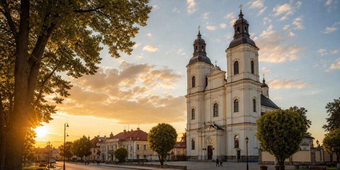 Sūduvos miesto aikštė ir bažnyčios bokštai vakaro šviesoje