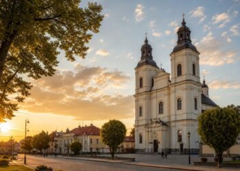 Sūduvos miesto aikštė ir bažnyčios bokštai vakaro šviesoje