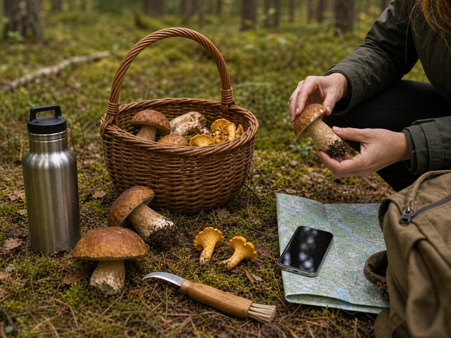 Pintinė su valgomais grybais, peiliuku, vandeniu ir žemėlapiu