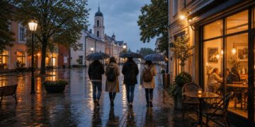 Draugai su skėčiais lietingame Sūduvos miesto centre